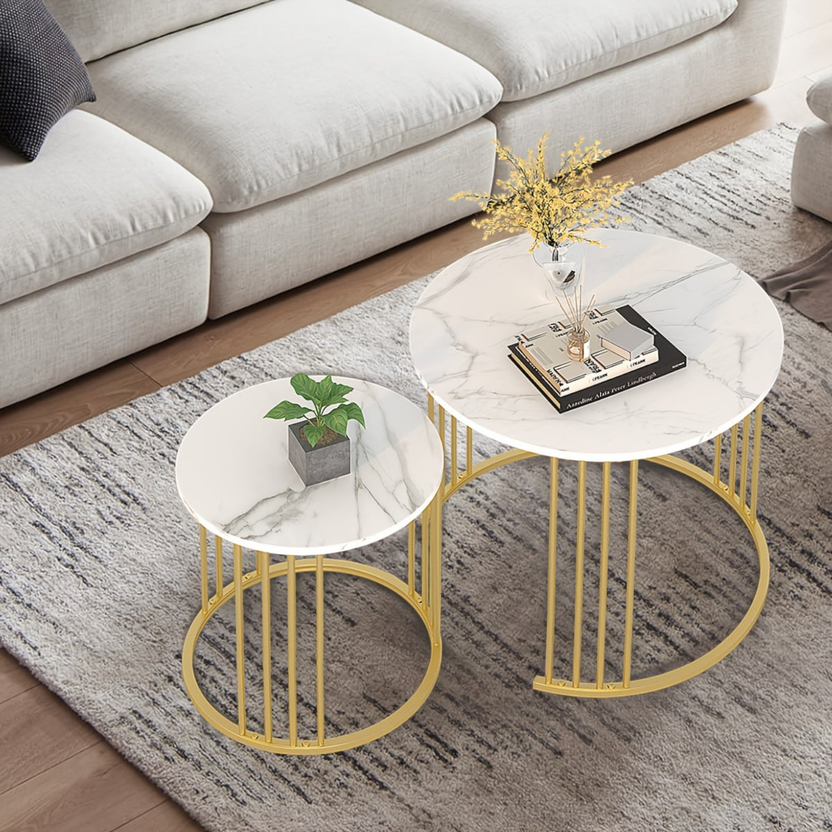 Set de 2 masute de cafea tip "Nesting", design rotund, masute laterale moderne pentru dormitor si sufragerie