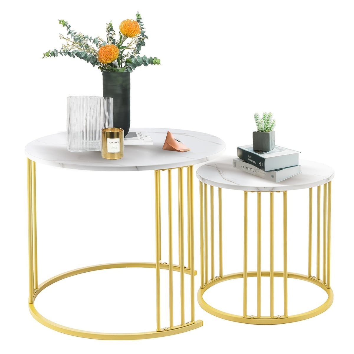 Set de 2 masute de cafea tip "Nesting", design rotund, masute laterale moderne pentru dormitor si sufragerie