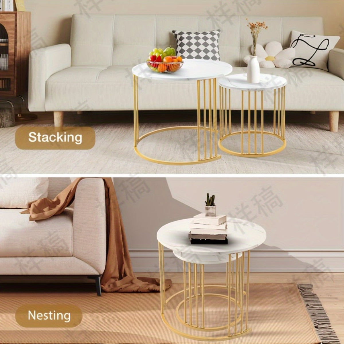 Set de 2 masute de cafea tip "Nesting", design rotund, masute laterale moderne pentru dormitor si sufragerie