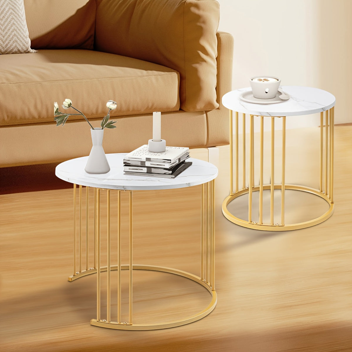 Set de 2 masute de cafea tip "Nesting", design rotund, masute laterale moderne pentru dormitor si sufragerie
