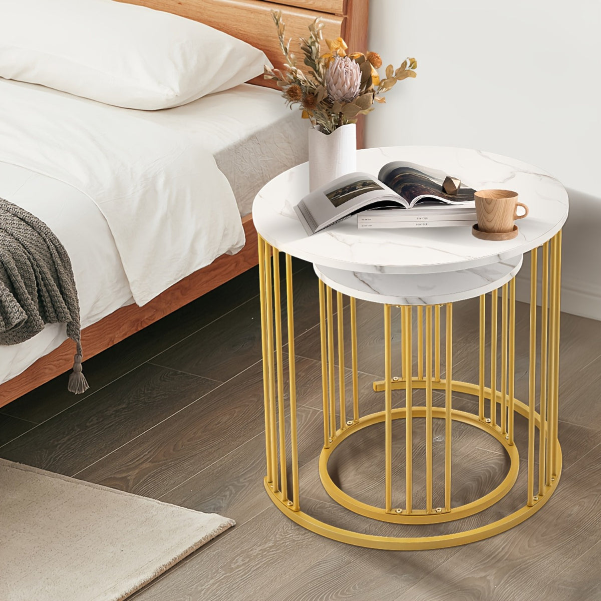 Set de 2 masute de cafea tip "Nesting", design rotund, masute laterale moderne pentru dormitor si sufragerie