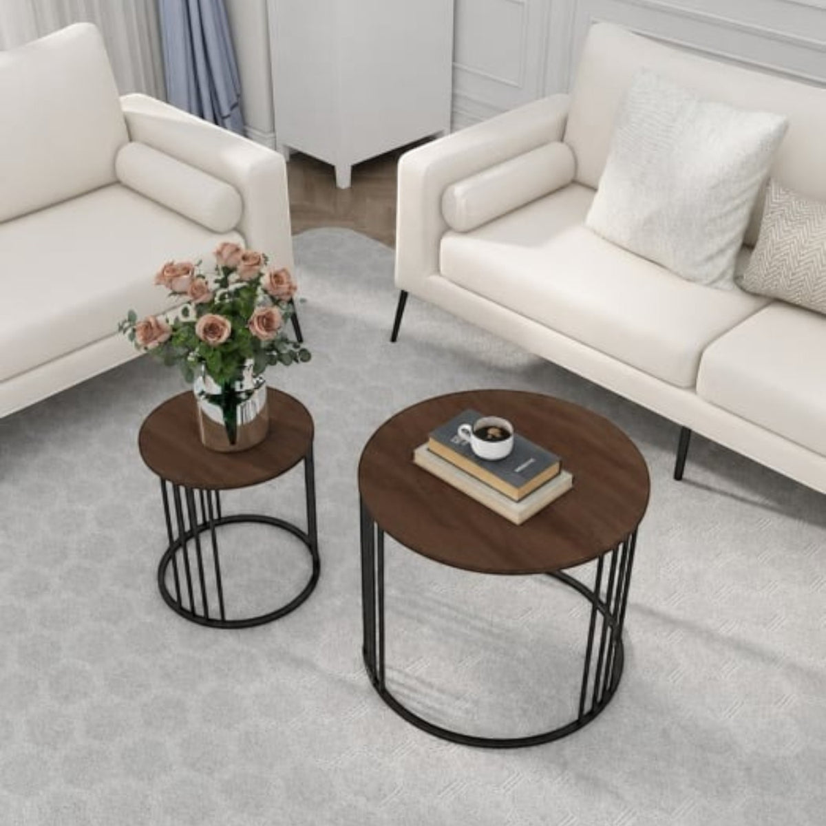 Set de 2 masute de cafea tip "Nesting", design rotund, masute laterale moderne pentru dormitor si sufragerie