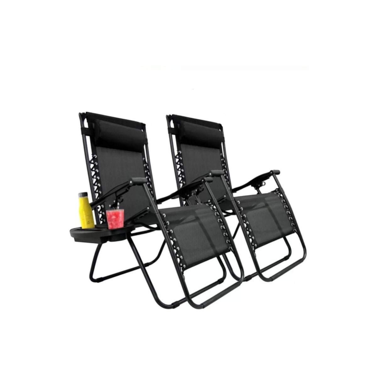 Set 2 Sezlonguri Pliabile, Gravitatie Zero, Pentru Terasa, Gradina Sau Plaja , Tetiera, Suport Bauturi, Reglabil, Negru