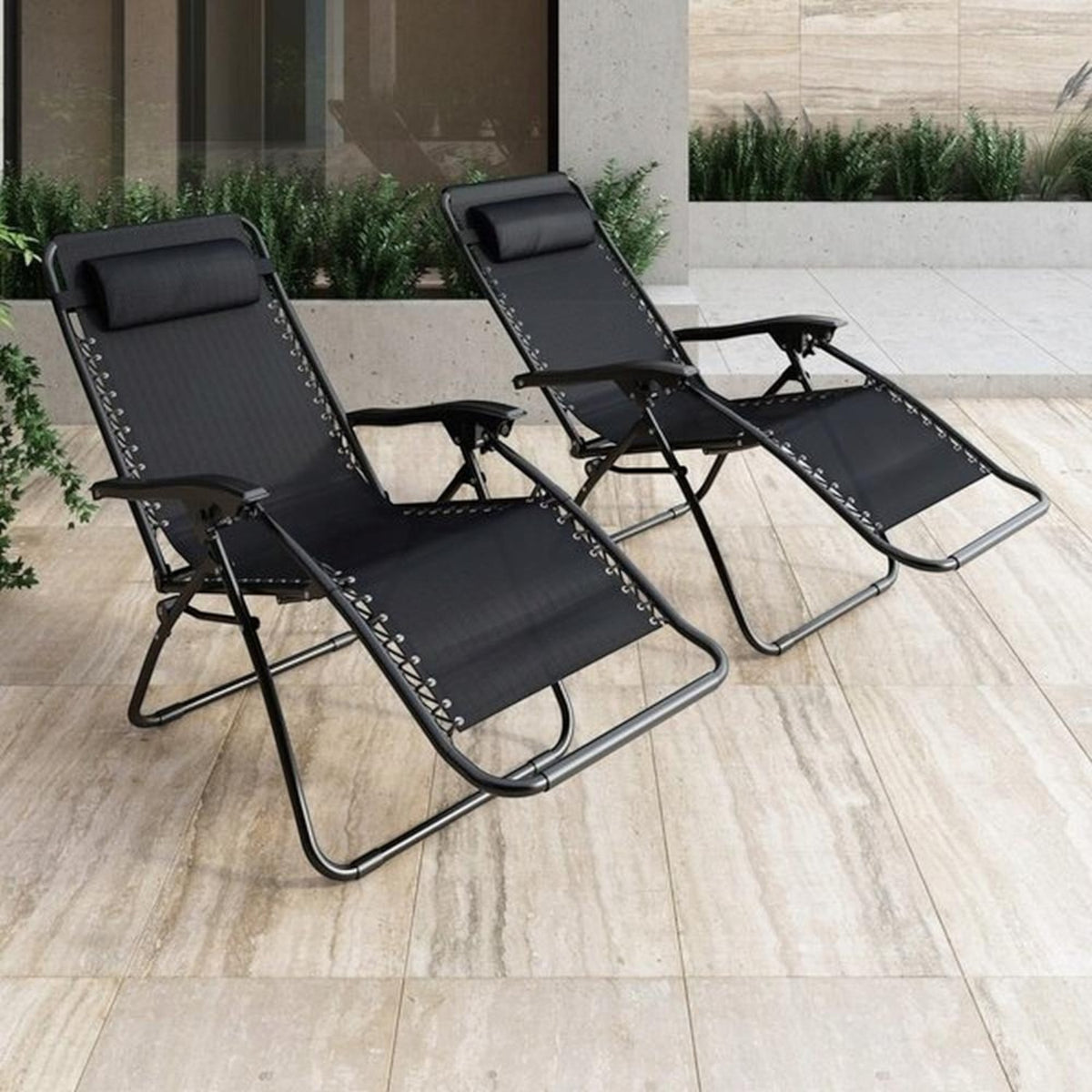 Set 2 Sezlonguri Pliabile, Gravitatie Zero, Pentru Terasa, Gradina Sau Plaja , Tetiera, Suport Bauturi, Reglabil, Negru