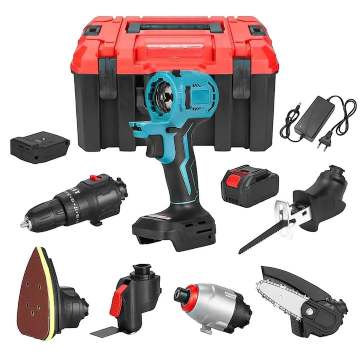Trusa scule 6in1, 2 acumulatori 48V 8.0Ah, bormasina, drujba, fierastrau sabie, surubelnita, slefuire, lopata