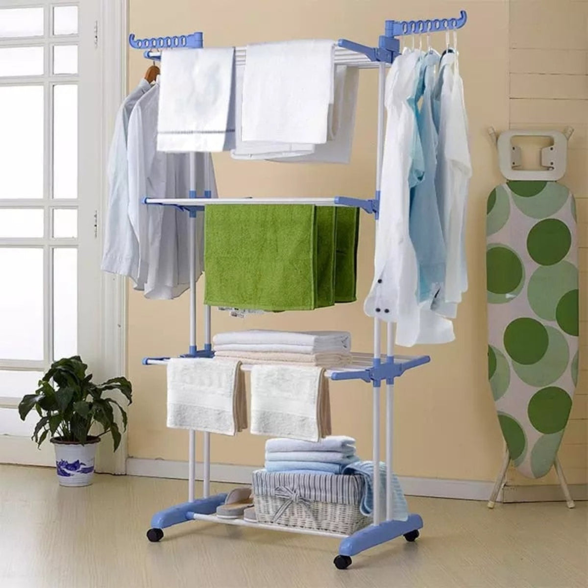 Uscator vertical, mobil si pliabil pentru rufe cu suport umerase, inaltime 173cm, 3 etaje