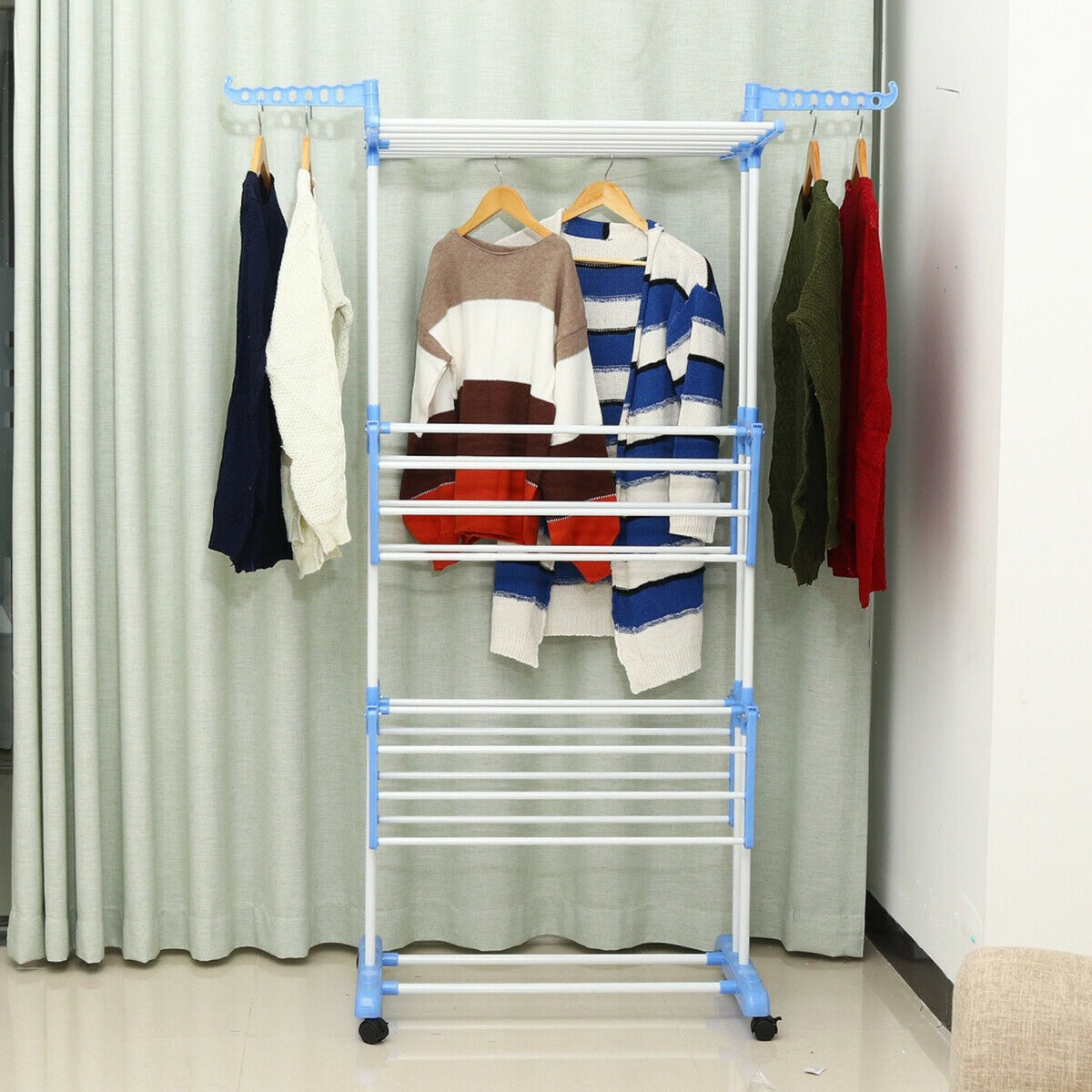 Uscator vertical, mobil si pliabil pentru rufe cu suport umerase, inaltime 173cm, 3 etaje